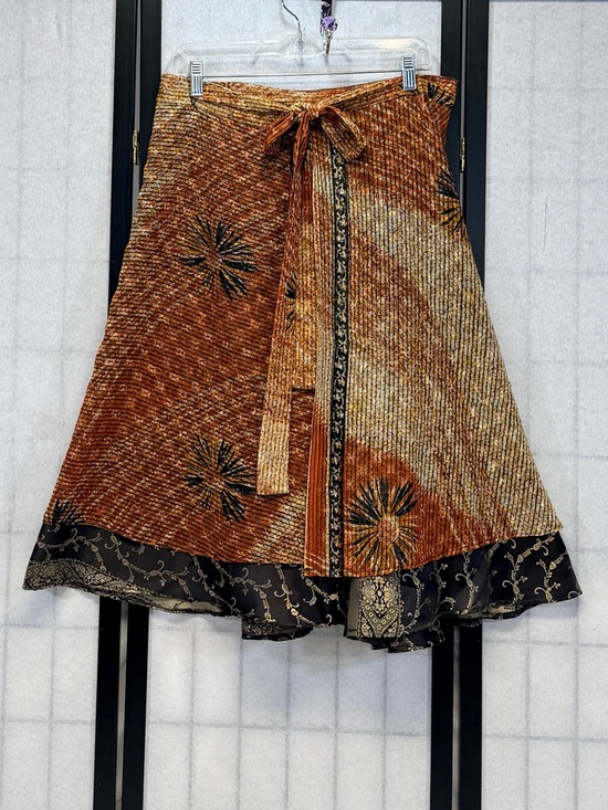 None Dresses & Skirts - Reversible Wrap Midi Skirt 2 Sides Sari Style Rust Gold Black OS Exotic Carefree